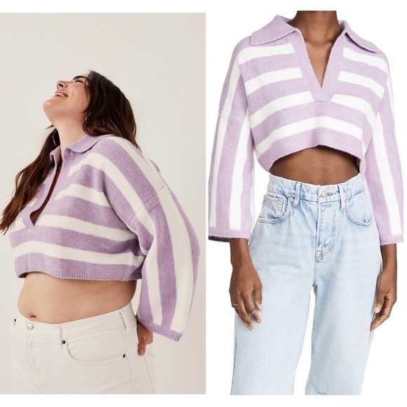 NWT LOVE LEMONS 90s Lavender Stripe V-Neck Oversized Soft Knit Cropped Sweater M - Picture 6 of 15